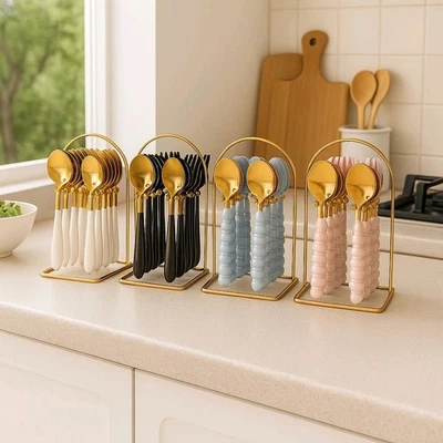 24-teiliges modernes gold + rosa Edelstahl Besteckset mit Ständer - Bild 1 von 4