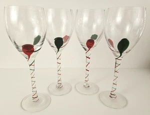 Pier 1 Wine Glasses Red Green Teardrop Swirl Swirline Holiday Christmas Lot of 4 - Picture 1 of 8