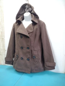 George Peacoat Women Sz L (12-14) Brown Jacket Detachable Hooded Double Breasted - Picture 1 of 12
