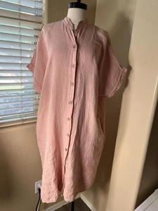 SAGA Womens L Dress Linen Button Front Lagenlook Soft Pink Short Sleeve - Picture 1 of 12