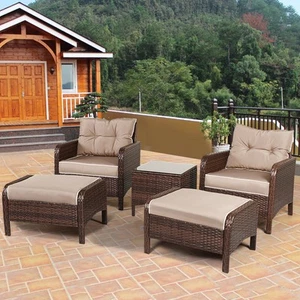 5 PCS Rattan Wicker Furniture Set Sofa Ottoman W/ Cushions Patio Garden Yard - Picture 1 of 12