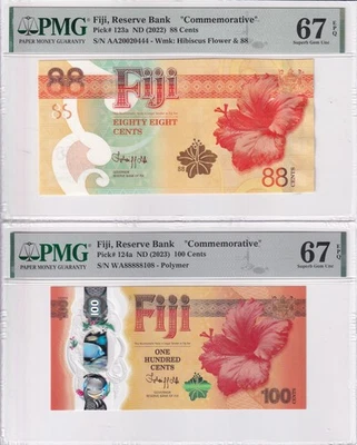 Fiji Set 2; 88 100 Cents 2022 2023 Comm. P 123 P 124 Superb Gem UNC PMG 67 EPQ - Image 1 of 4