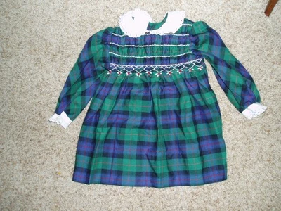 Vintage POLLY FLINDERS Hand Smocked Dress Toddler 2 Green & Blue Plaid 2T $0 S/H - Image 1 of 4