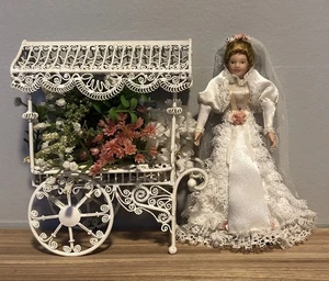 Dollhouse Miniature White Wire Wicker Flower Cart w/ Bride Doll - Picture 1 of 9
