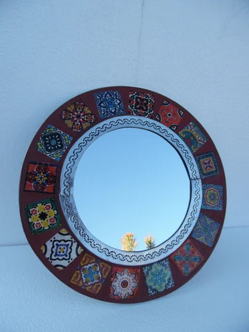 15" ROUND punched tin MIRROR, Mexican talavera tile, hacienda style, handmade Cover