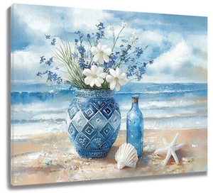 Arte de pared abstracto azul floral concha marina playa costera para baño sala de estar - Imagen 1 de 15