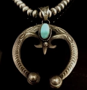 Navajo Sandcast Sterling Silver & Turquoise Signed Naja Pendant By EL Billah - Picture 1 of 10