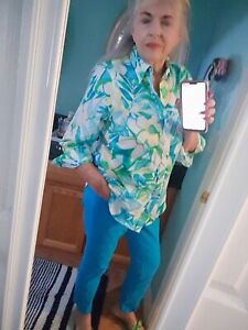 Chaps Floral Fitted Cotton Blouse LG No Iron Blue Green White Yellow