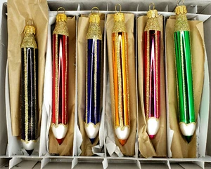 6 RETRO Handmade Traditional Czech Glass Christmas Ornaments Crayons/Pencils 6" - Picture 1 of 8