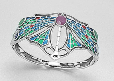 Sterling Silver BlueGreen Enamel Ruby Emerald Sapphire Dragonfly Bangle Bracelet - Image 1 of 2