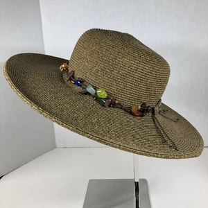 Sun Hat Wide Brim Embellished Beads Tie Beach Travel Wedding Derby Cappelli - Picture 1 of 12