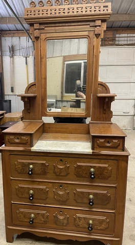 Antique 19th Century Gentleman’s Chest of Drawers with Mirror, Marble/Walnut Top Cover