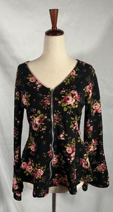 LOVE New York Brand Women's Black floral top Size Large Zipper Front - Picture 1 of 8