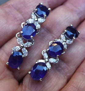 ORECCHINI ARGENTO STERLING 925 ZAFFIRO BLU NATURALE BIANCO GP - Foto 1 di 3