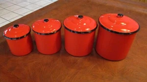 Vintage Japan 8-Piece Canister Set Red w/ Black Trim Enamelware - Picture 1 of 12