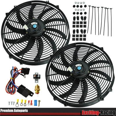 Paquete de 2 Ventilador Delgado Radiador Eléctrico 16" con Kit Sensor Interruptor Relé Termostato 3/8" Foto 1 de 4