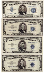 ****SET OF 4**** 1934/1953 $5.00 SILVER CERTIFICATES VF/XF**** - Picture 1 of 2