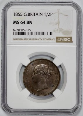 1855 Great Britain 1/2P Half Penny NGC MS 64 Brown - Image 1 of 4