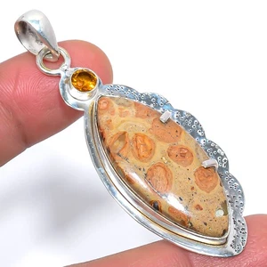 Australian Bird Jasper, Citrine Hand Textured Silver Plated Pendant 2.6" - Picture 1 of 3