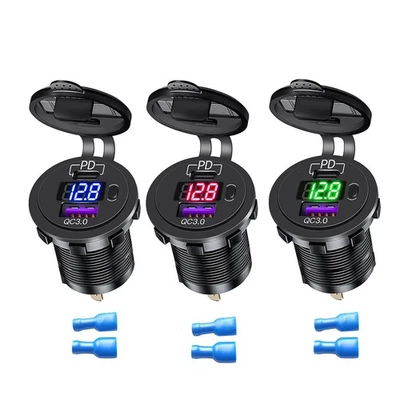 12V QC3.0 Dual USB Car Fast Charger Socket Power Outlet LED Voltmeter Waterproof - Image 1 of 4
