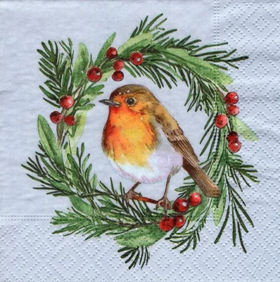 3 Cocktail Servietten ~ Weihnachten, Vogel, Rotkehlchen im Kranz ~ 25x25 - Bild 1 von 2