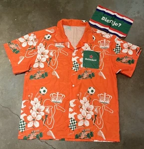 Heineken Hawaiihemd Herren Größe L/XL orange grün Blumen Rennwagen Fußball König - Bild 1 von 8