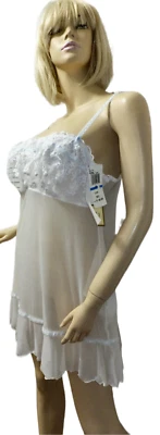 NUEVO CON ETIQUETAS $65 Felina Camisón Corto X-LARGE Blanco Claro y Sexy Elastizado Transparente Nylon Red Foto 1 de 4