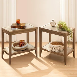 Rattan Nightstands Set of 2 Bedside Table - Boho Narrow End Table Living Room Se - Picture 1 of 8
