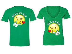 Couples Matching Shirts Emoji He's Bae Matching Couple Vneck + Crewneck T-shirts - Picture 1 of 1
