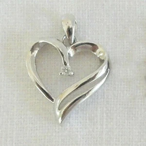 VTG Sterling Silver Diamond Heart Pendant 3/4"H - Picture 1 of 7