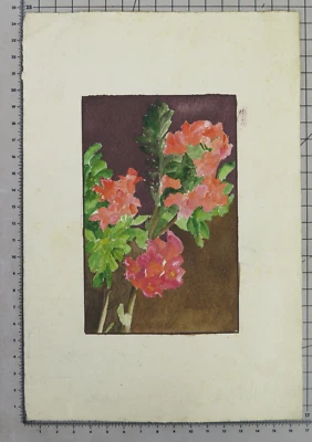 Tableau Floral Peinture Aquarelle Sur papier Vintage tableau Fleurs Rouges DR1 - Photo 1/4