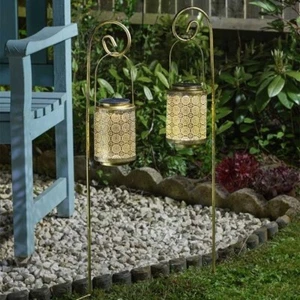 Solar Stake Garden Lanterns Set of 2 Silhouette Rabat Lighting Outdoor Pathway - Picture 1 of 24
