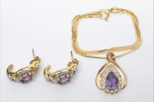 14K Over 925 Sterling Natural Real Amethyst & Real Diamond Necklace/Earrings Set - Picture 1 of 6