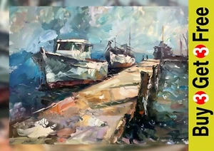 Harbour Boats Dock 5"x7" Print on Matte Paper | Bold Oil Seascape Artwork - Picture 1 of 17