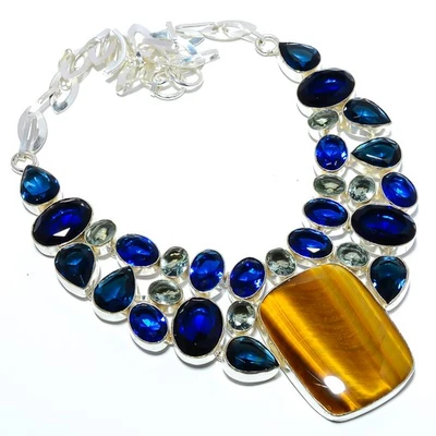 Collar Antiguo Hecho a Mano Ojo de Tigre Amarillo, Zafiro Azul Simulado 17.99" T0 Foto 1 de 3