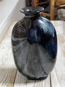 Vintage Vase - Ceramic- Tall Black/Blue/White Unmarked - Picture 1 of 8