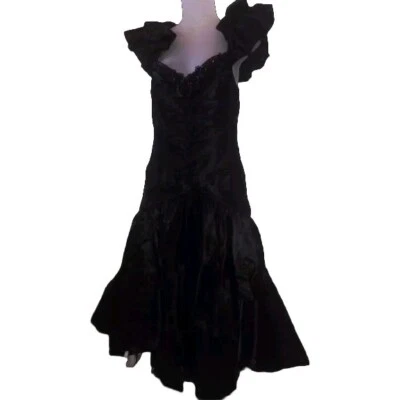 Vintage 80s Zum Zum Black Satin Sequins Ruffled Tulle Party Prom Dress Glam Goth - Image 1 of 4