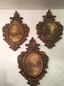 ANTIQUE VINTAGE 3 WOOD CARVED ITALIAN OVAL FRAMES GILDED WITH PAINTINGS ON WOOD - Picture 1 of 6