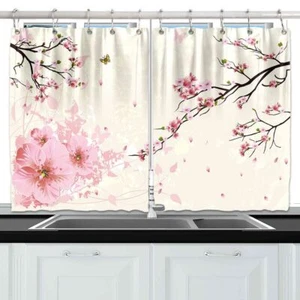 Plum Blossom Japanese Kitchen Curtains Window Drapes 2 Panel Set with Hooks - Picture 1 of 10