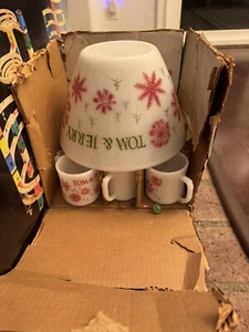 Hazel Atlas Tom & Jerry Milk Glass Egg Nog Punch Bowl Set Christmas Deer 6 Cups - Picture 1 of 1