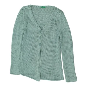 Cárdigan verde Benetton para mujer | Suéter informal tejido cuello en V de diseñador vintage - Imagen 1 de 4