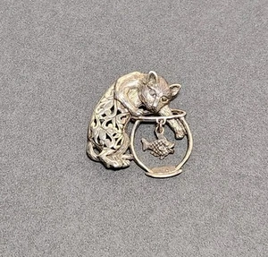 Jezlaine Cat Pin Signed Kitty Fish Bowl Sterling Silver .925 - Picture 1 of 7
