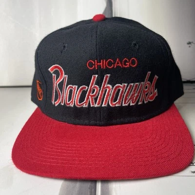 Chicago Blackhawks Sports Specialties Script Wool Fitted Hat Size 7 1/8 Vintage - Image 1 of 4