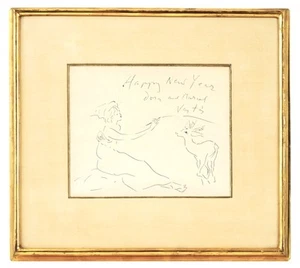 LISTED FRENCH MARCEL VERTES SIGNED INK DRAWING HAPPY NEW YEAR / 22K MUSEUM FRAME - Picture 1 of 7