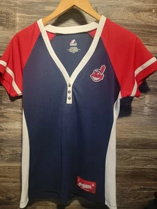 Cleveland Indians. Jersey Women's Blue Navy MLB Baseball Majestic L Shirt Button - Picture 1 of 7
