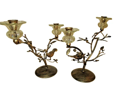 Par de Candelabros 11" Metal y Vidrio: Diseño Pájaro y Flor Mercado Francés Bronce  Foto 1 de 4
