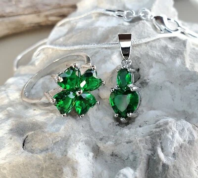 Nuevo conjunto de collar de cadena colgante anillo esmeralda corazón plata de ley 925 tamaño 8,75 Foto 1 de 4
