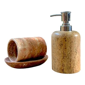 Travertine Bathroom Set Glass Soap Dispenser Accessories Marble Home Decor - Picture 1 of 8