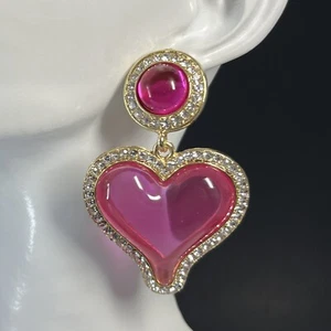 Gripoix Style Lucite Heart Earrings Pierced Gold Tone Pink Rhinestone Runway - Picture 1 of 8