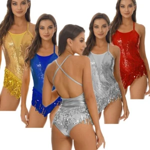 Womens One-Piece Tassel Sequins Bodysuit Leotard Latin Ballet Dance Costume - Picture 1 of 45
